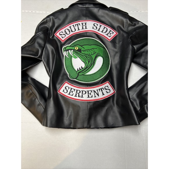 Celeb Leather Jacket Women's Small Patched Zippers Belt Black South Side Serpent - Picture 12 of 12